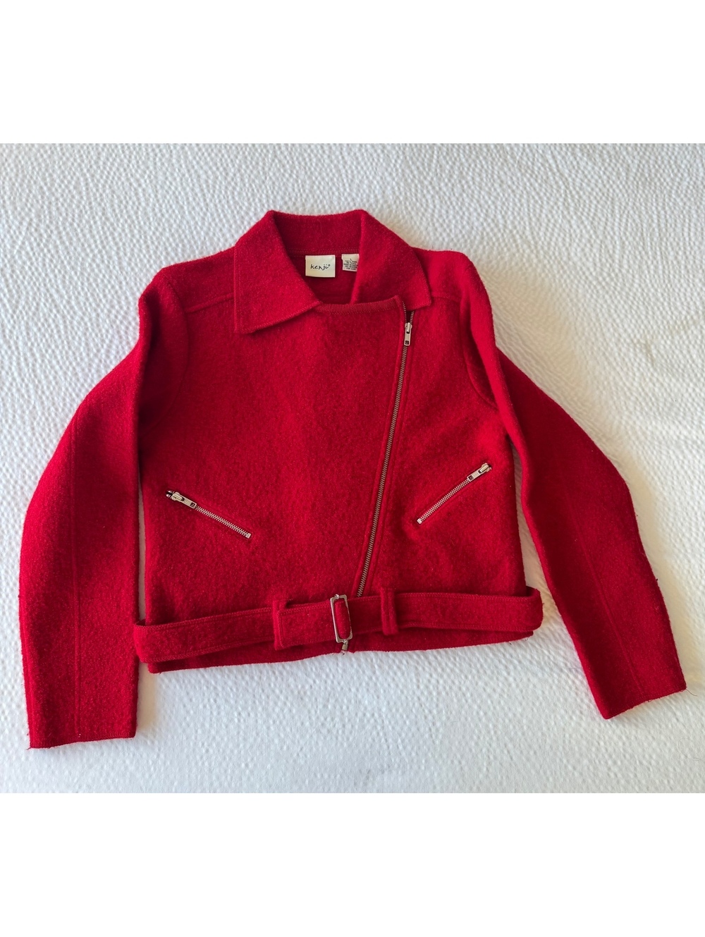 Kenji Red Wool Moto Jacket with Belt Size L